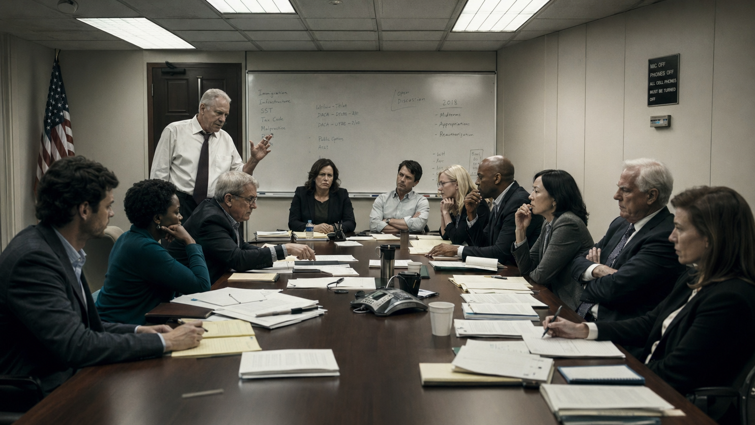 The ensemble in the room — twelve people around a conference table