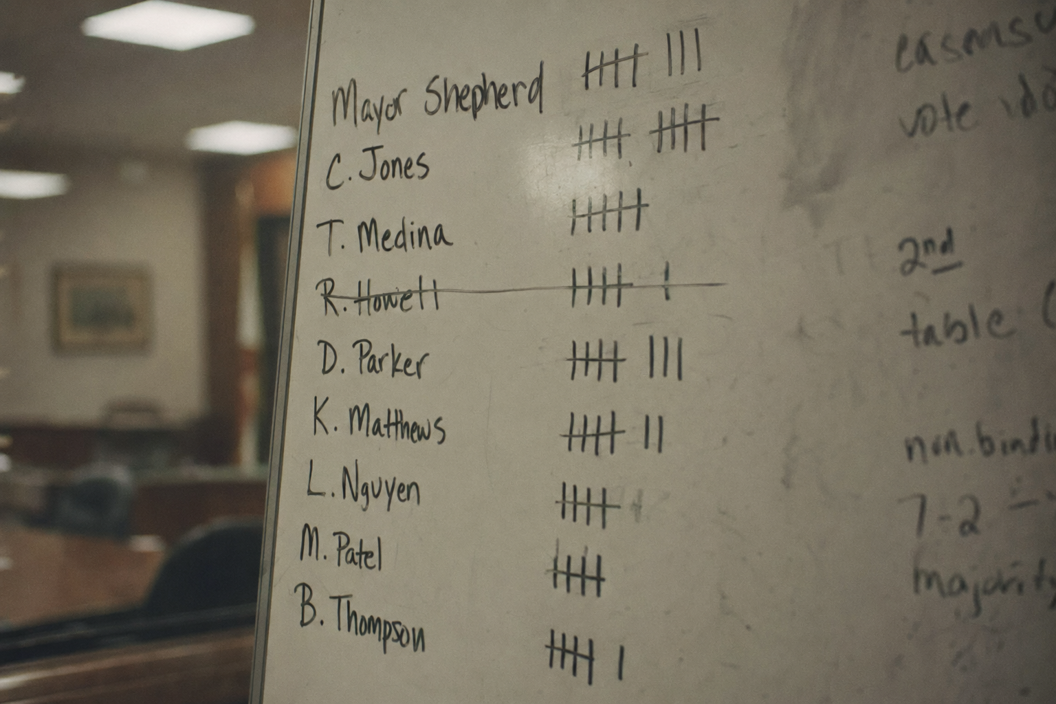 The whiteboard — tally marks and names